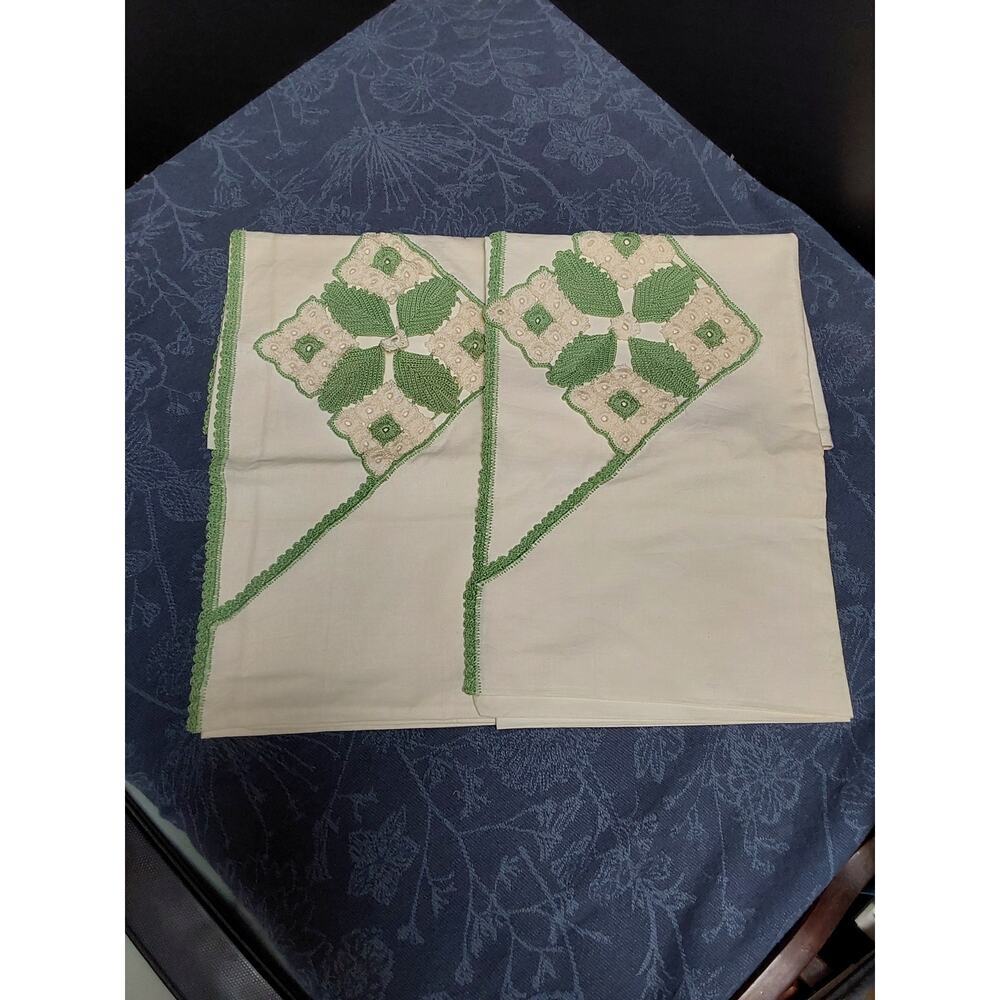 Pair Antique pillow cases hand crocheted  light green  size Queen 30" x 20"